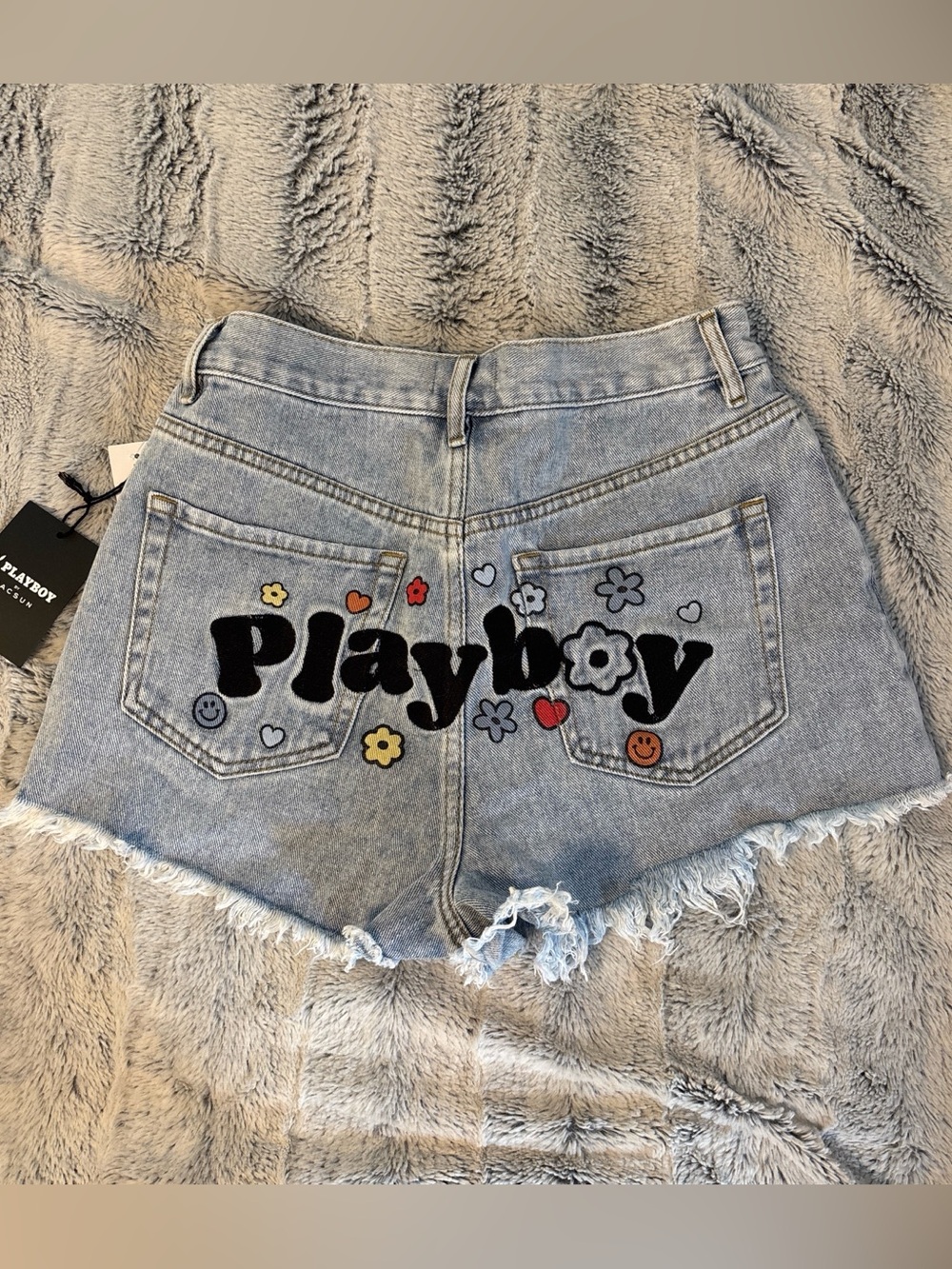 PacSun Light Blue Denim Cutoff Shorts with Playboy Embroidery